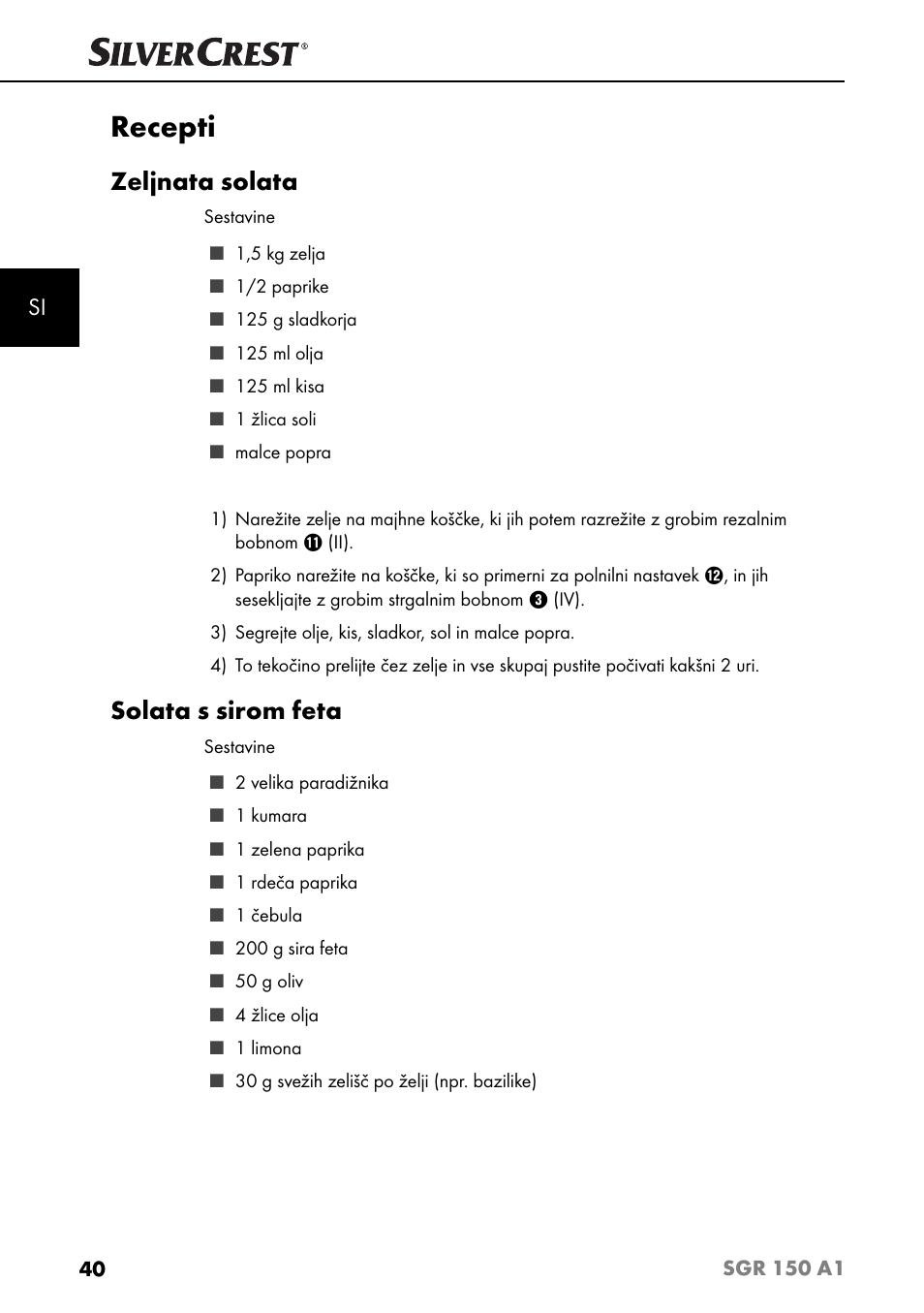 Recepti, Zeljnata solata, Solata s sirom feta | Silvercrest SGR 150 A1 User Manual | Page 43 / 88