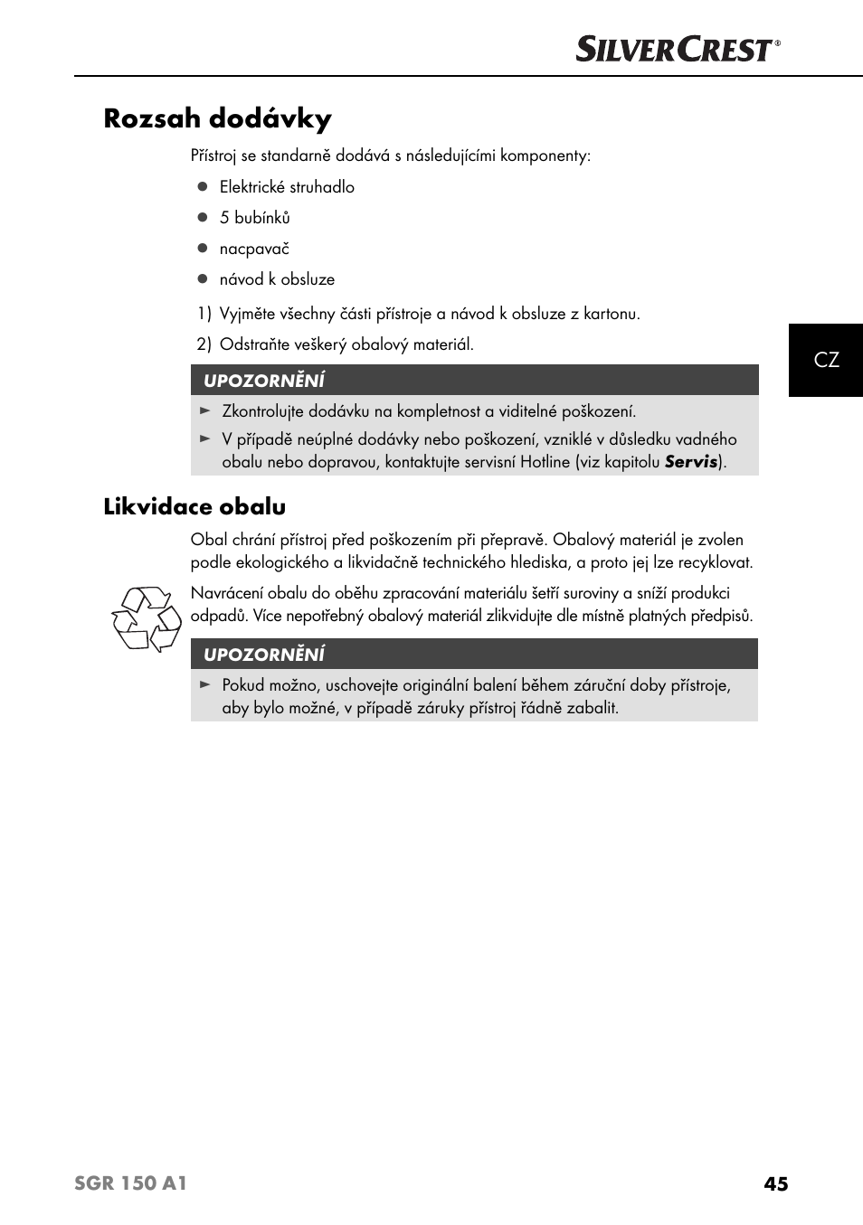 Rozsah dodávky, Likvidace obalu | Silvercrest SGR 150 A1 User Manual | Page 48 / 88
