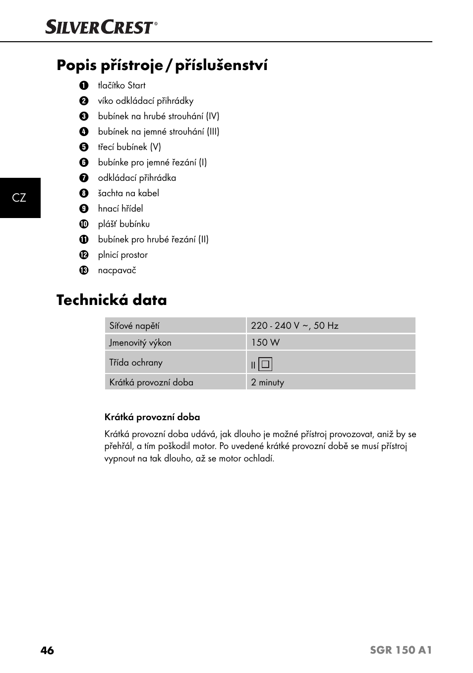 Popis přístroje / příslušenství, Technická data | Silvercrest SGR 150 A1 User Manual | Page 49 / 88