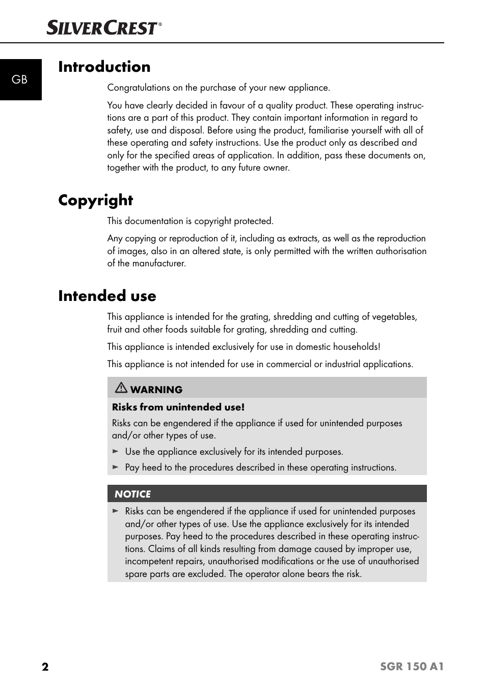 Introduction, Copyright, Intended use | Silvercrest SGR 150 A1 User Manual | Page 5 / 88