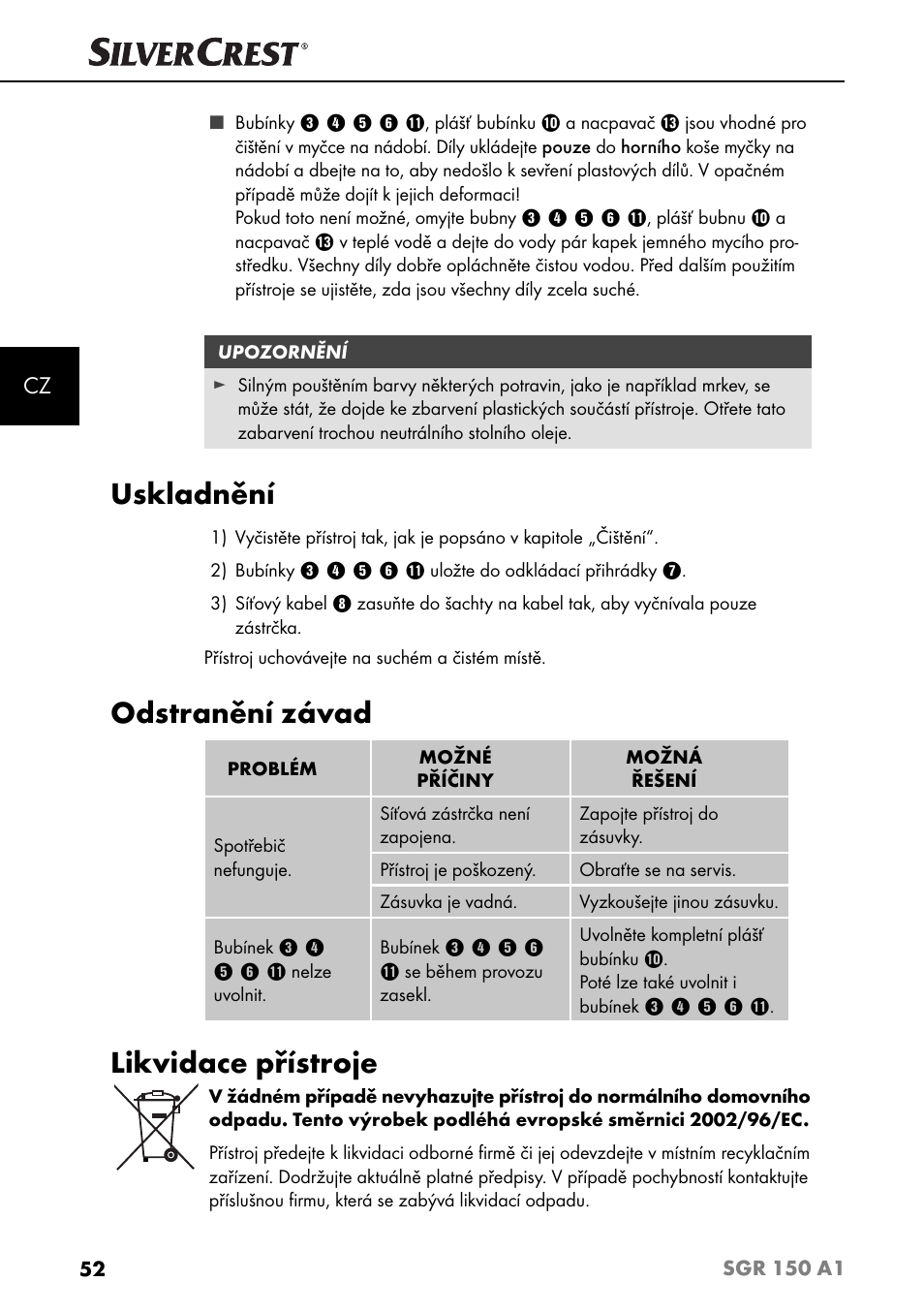 Uskladnění, Odstranění závad, Likvidace přístroje | Silvercrest SGR 150 A1 User Manual | Page 55 / 88