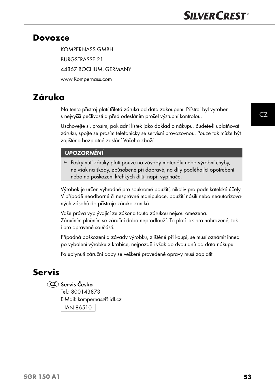 Dovozce, Záruka, Servis | Silvercrest SGR 150 A1 User Manual | Page 56 / 88
