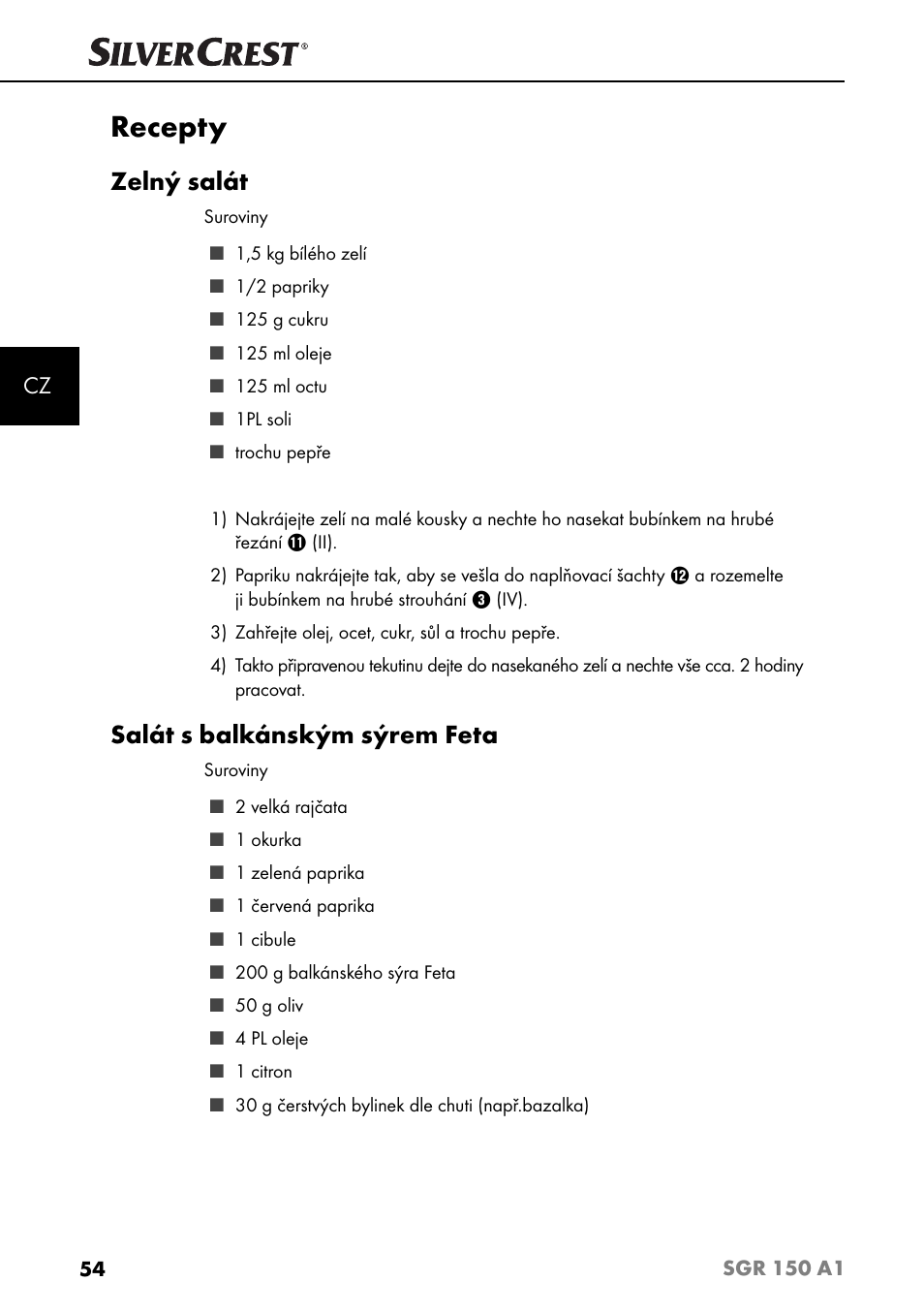 Recepty, Zelný salát, Salát s balkánským sýrem feta | Silvercrest SGR 150 A1 User Manual | Page 57 / 88