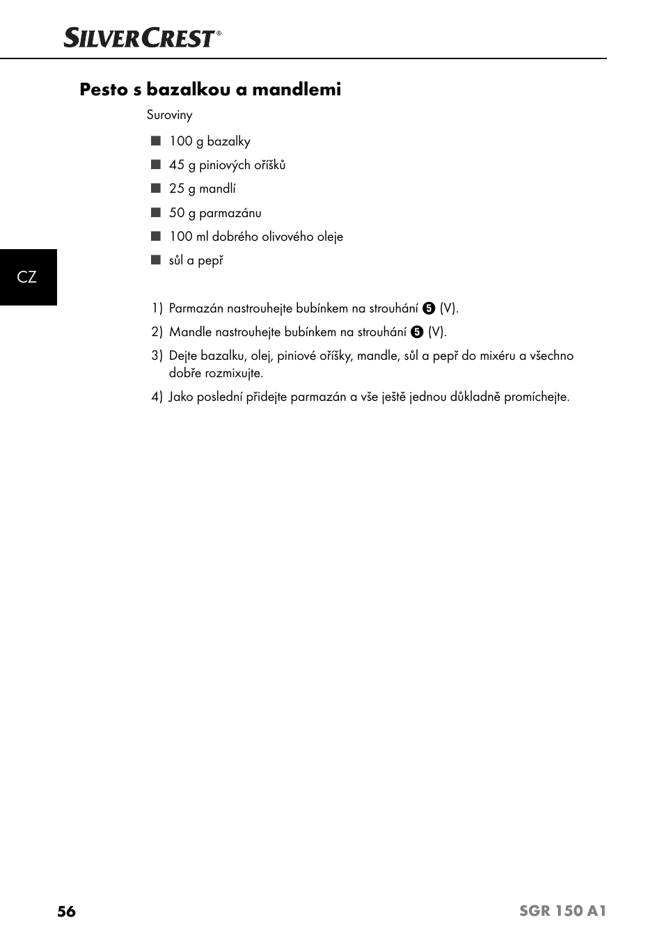 Pesto s bazalkou a mandlemi | Silvercrest SGR 150 A1 User Manual | Page 59 / 88