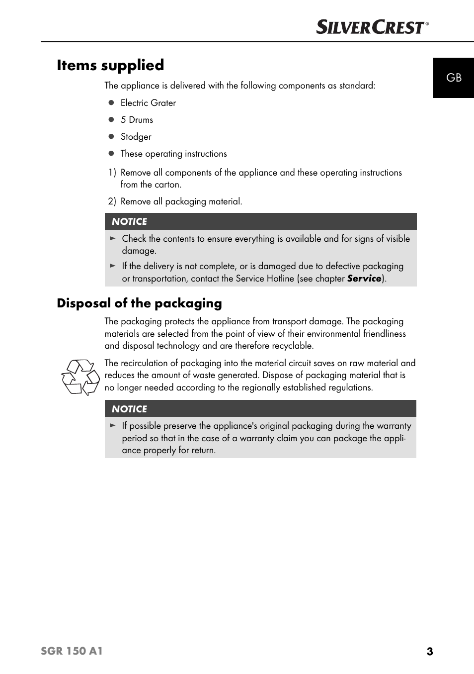 Items supplied, Disposal of the packaging | Silvercrest SGR 150 A1 User Manual | Page 6 / 88