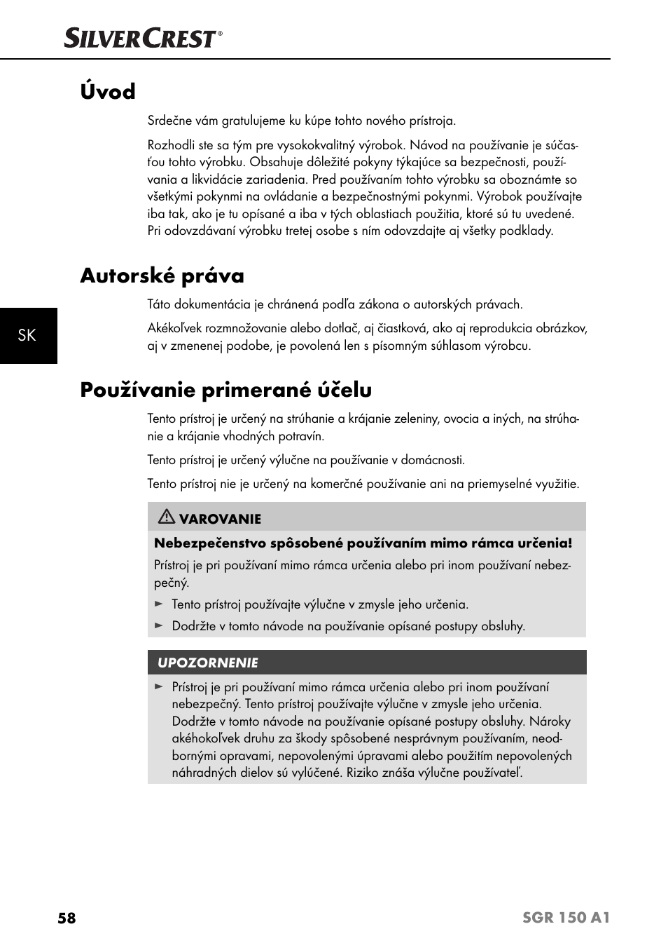 Úvod, Autorské práva, Používanie primerané účelu | Silvercrest SGR 150 A1 User Manual | Page 61 / 88