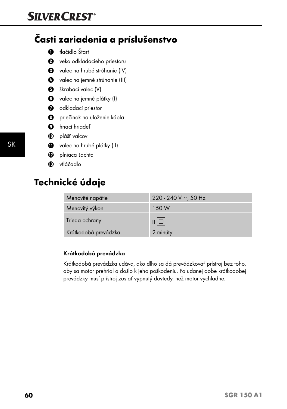Časti zariadenia a príslušenstvo, Technické údaje | Silvercrest SGR 150 A1 User Manual | Page 63 / 88