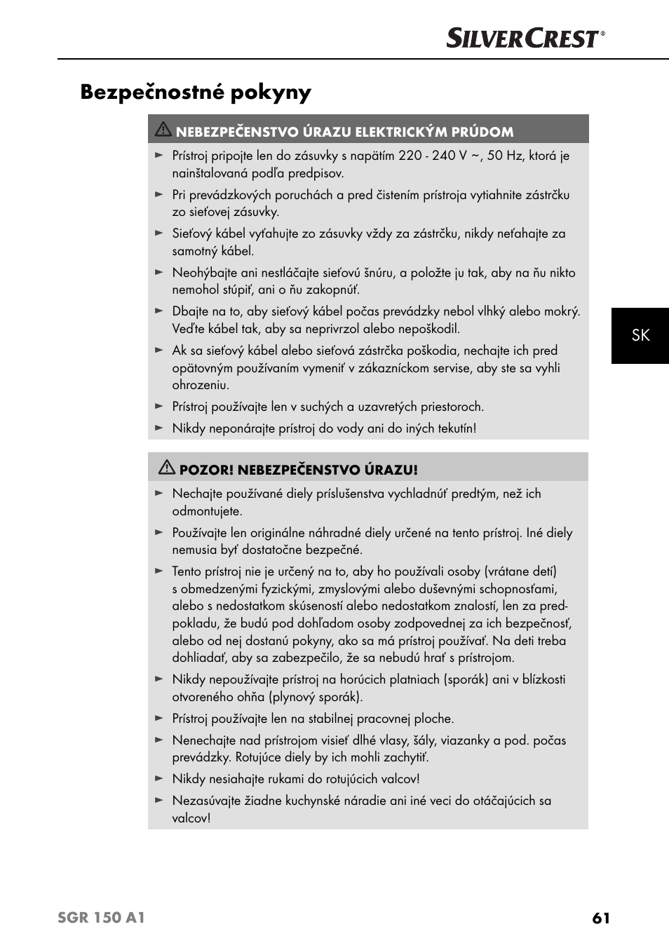 Bezpečnostné pokyny | Silvercrest SGR 150 A1 User Manual | Page 64 / 88