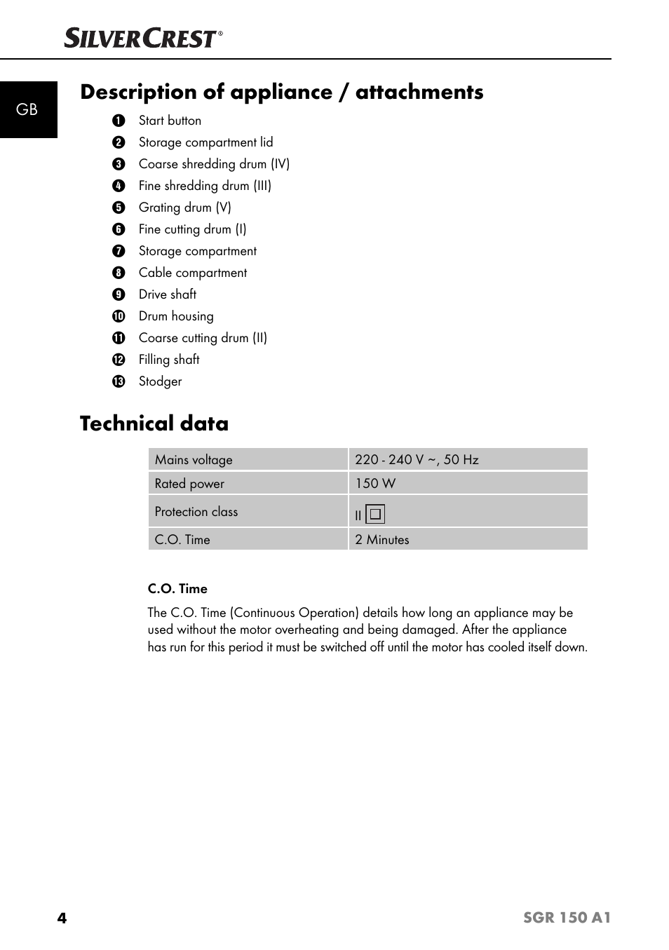 Description of appliance / attachments, Technical data | Silvercrest SGR 150 A1 User Manual | Page 7 / 88