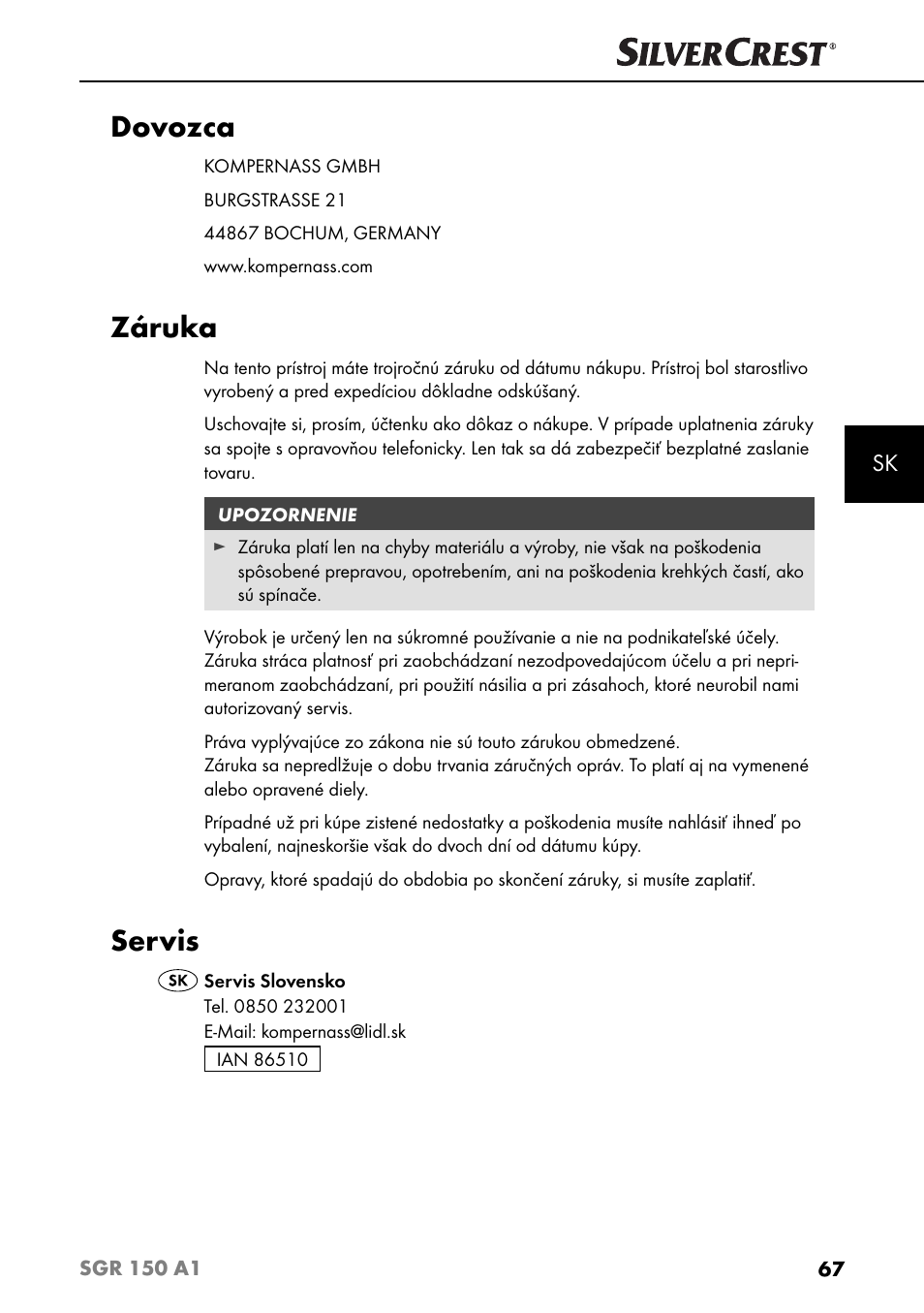 Dovozca, Záruka, Servis | Silvercrest SGR 150 A1 User Manual | Page 70 / 88