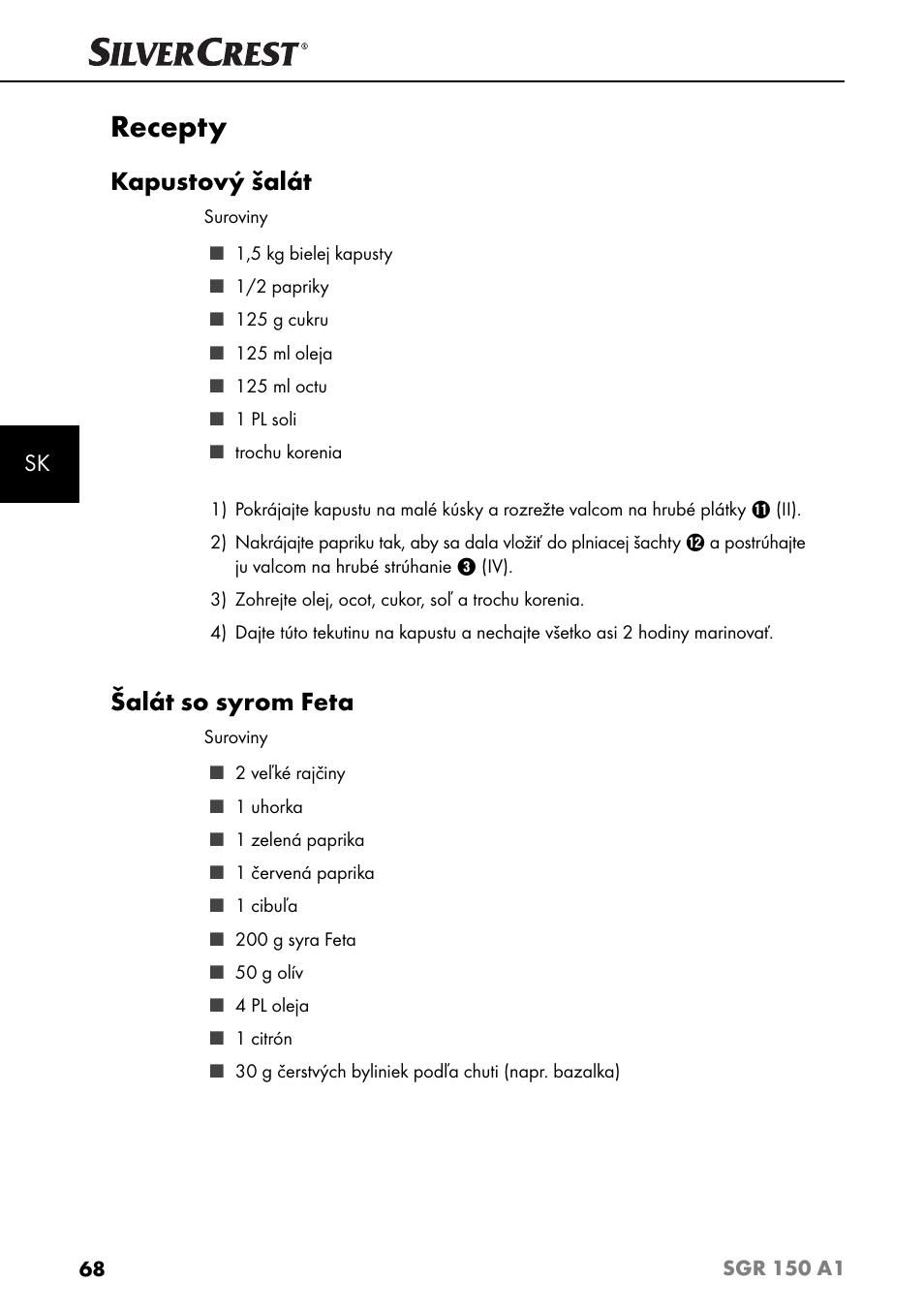 Recepty, Kapustový šalát, Šalát so syrom feta | Silvercrest SGR 150 A1 User Manual | Page 71 / 88