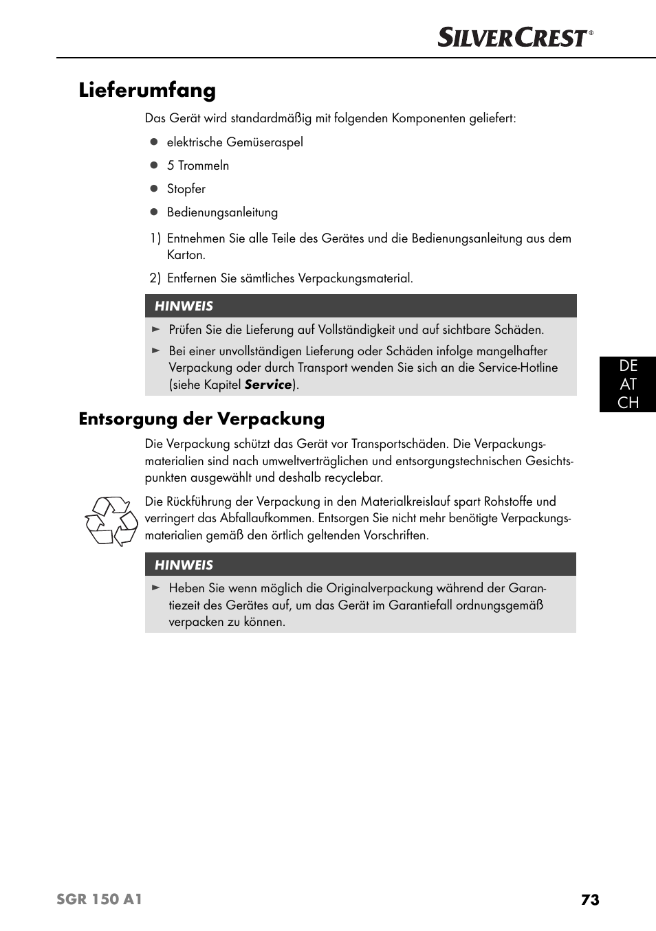 Lieferumfang, Entsorgung der verpackung, De at ch | Silvercrest SGR 150 A1 User Manual | Page 76 / 88