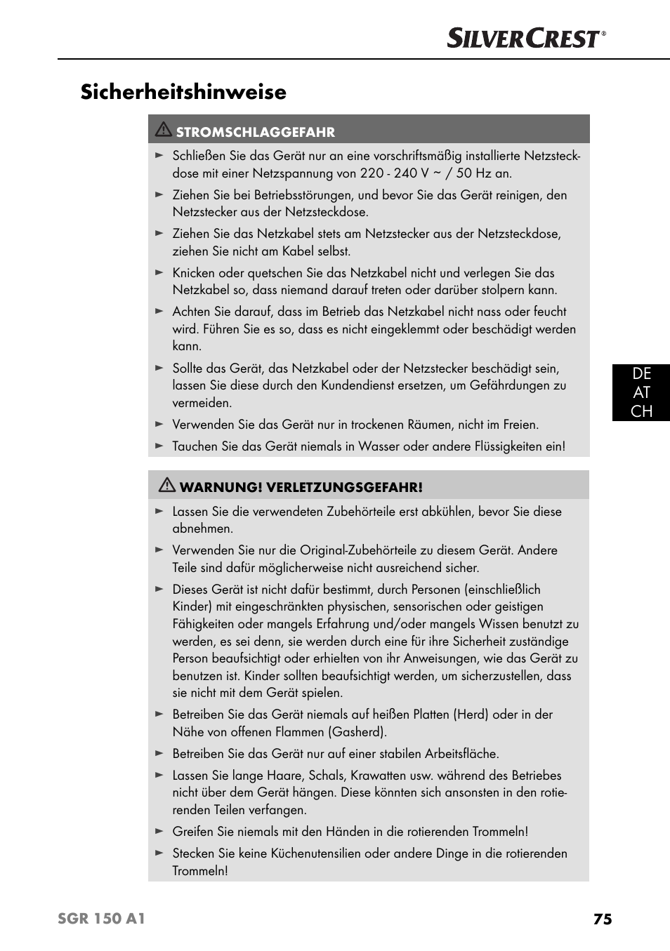 Sicherheitshinweise, De at ch | Silvercrest SGR 150 A1 User Manual | Page 78 / 88