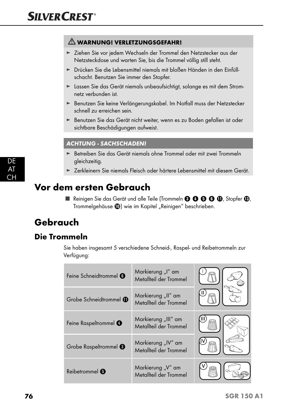 Vor dem ersten gebrauch, Gebrauch, Die trommeln | De at ch | Silvercrest SGR 150 A1 User Manual | Page 79 / 88