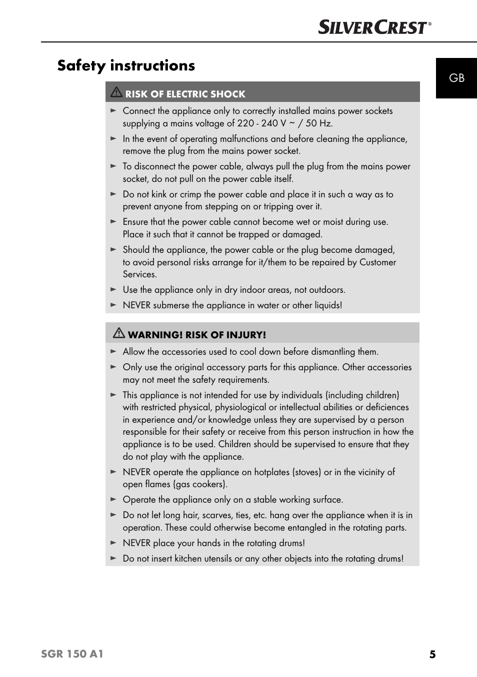 Safety instructions | Silvercrest SGR 150 A1 User Manual | Page 8 / 88