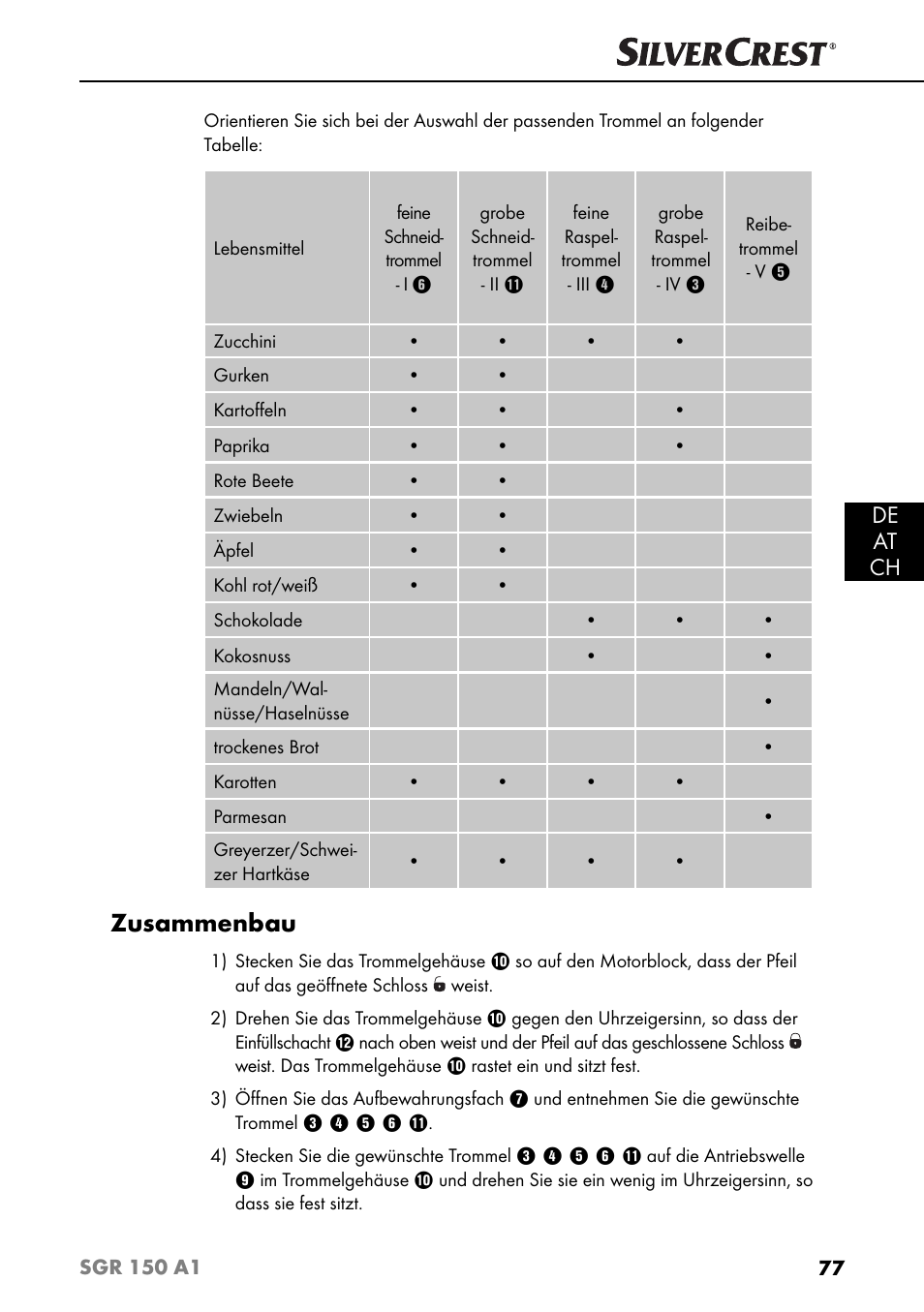 Zusammenbau, De at ch | Silvercrest SGR 150 A1 User Manual | Page 80 / 88