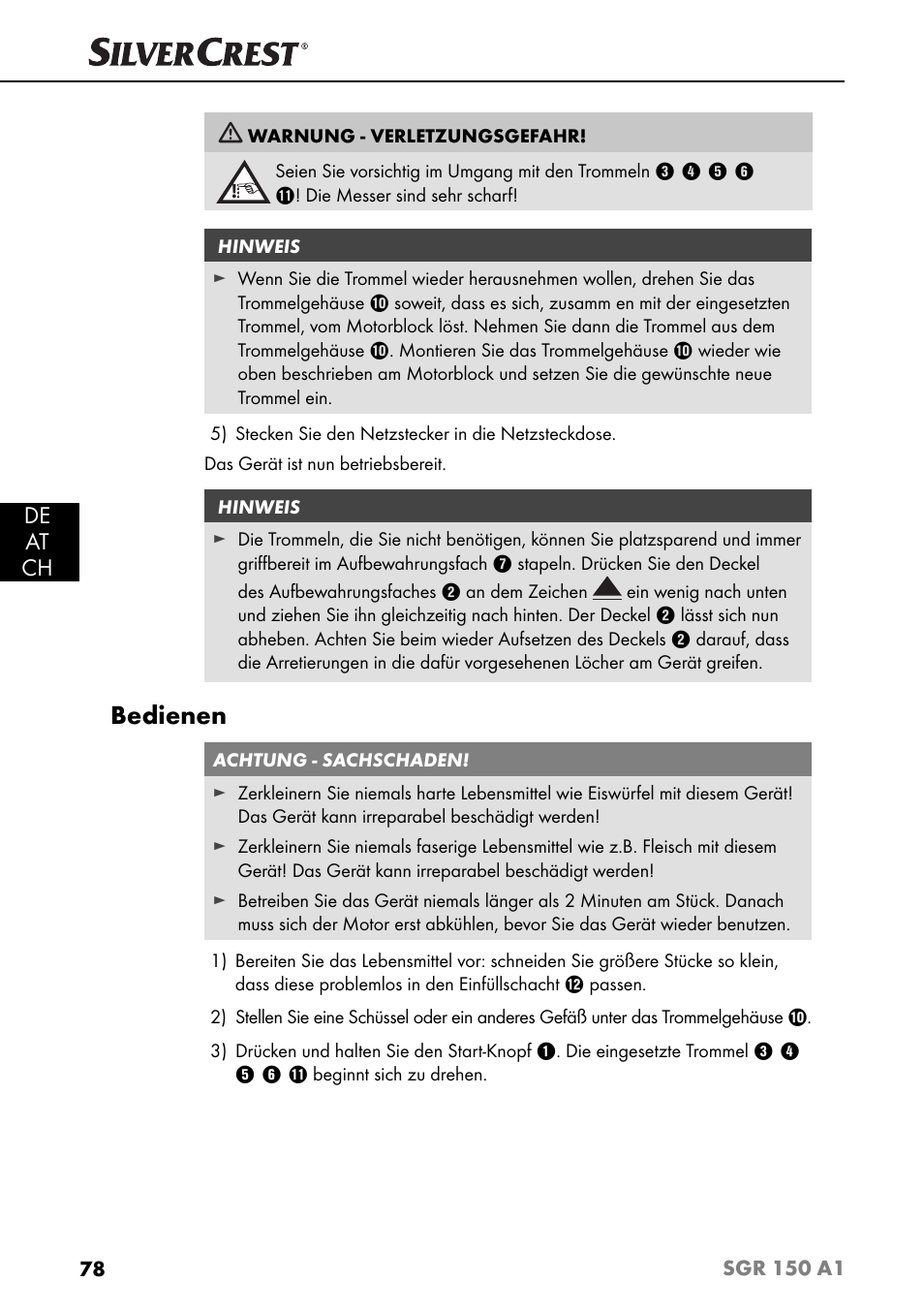 Bedienen, De at ch | Silvercrest SGR 150 A1 User Manual | Page 81 / 88