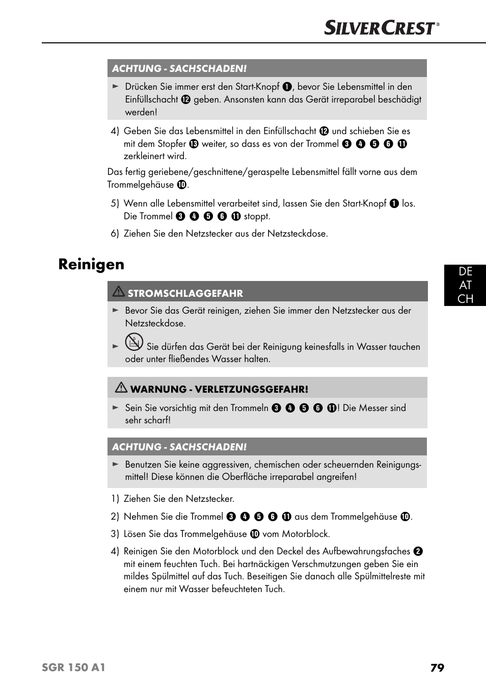 Reinigen, De at ch | Silvercrest SGR 150 A1 User Manual | Page 82 / 88