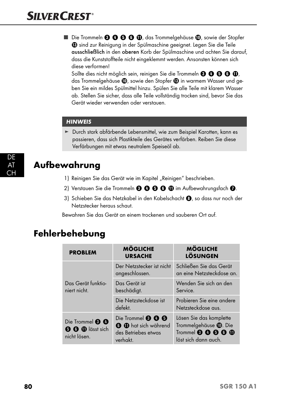 Aufbewahrung, Fehlerbehebung, De at ch | Silvercrest SGR 150 A1 User Manual | Page 83 / 88