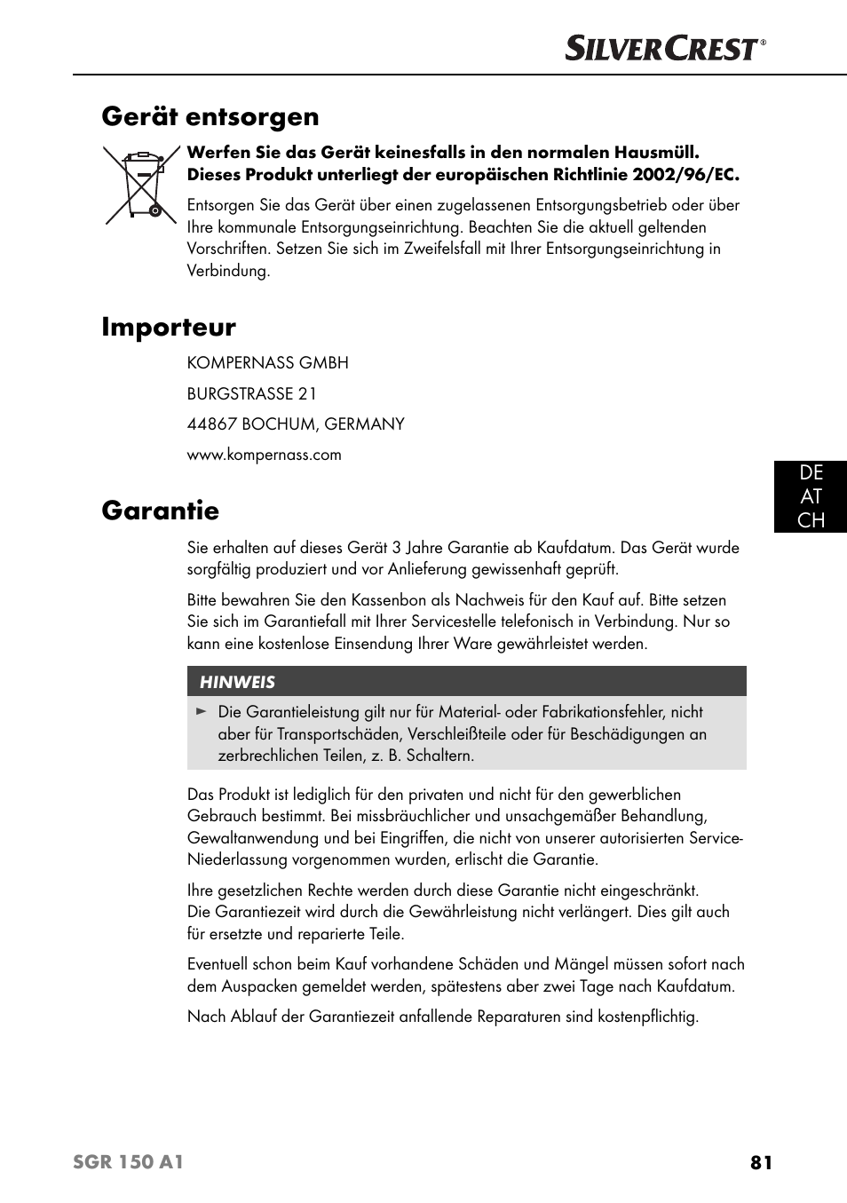 Gerät entsorgen, Importeur, Garantie | De at ch | Silvercrest SGR 150 A1 User Manual | Page 84 / 88