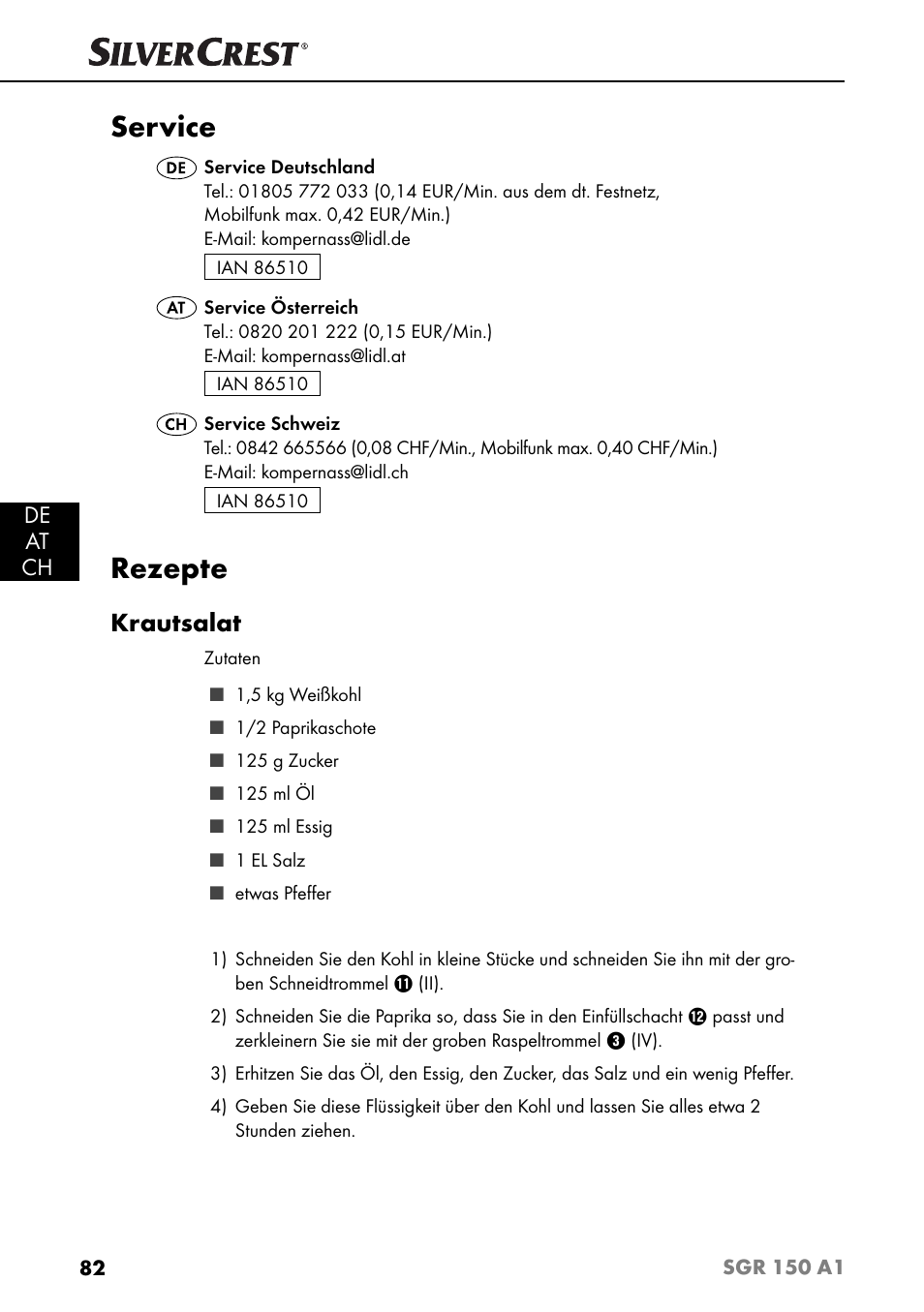 Service, Rezepte, Krautsalat | De at ch | Silvercrest SGR 150 A1 User Manual | Page 85 / 88