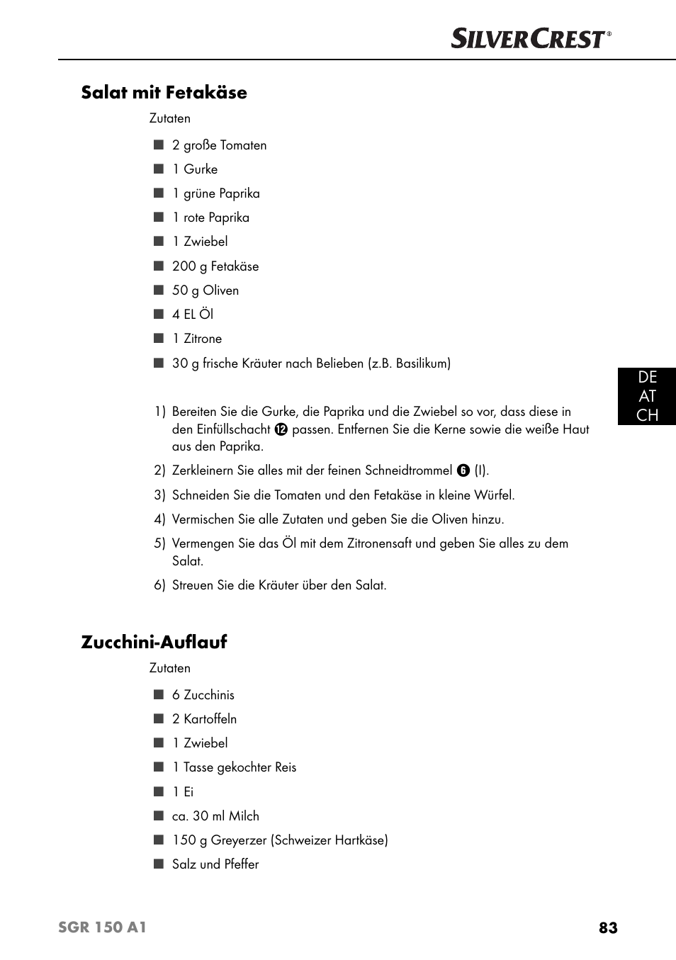 Salat mit fetakäse, Zucchini-auﬂ auf, De at ch | Silvercrest SGR 150 A1 User Manual | Page 86 / 88