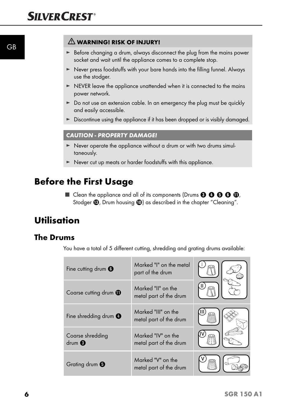 Before the first usage, Utilisation, The drums | Silvercrest SGR 150 A1 User Manual | Page 9 / 88