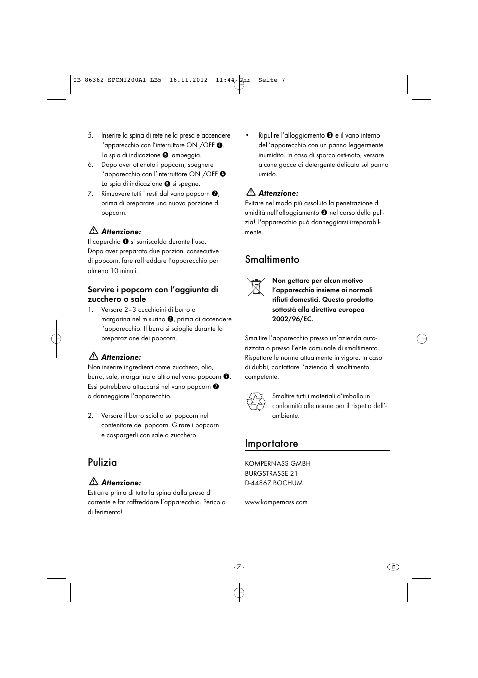 Pulizia, Smaltimento, Importatore | Attenzione | Silvercrest SPCM 1200 A1 User Manual | Page 10 / 24