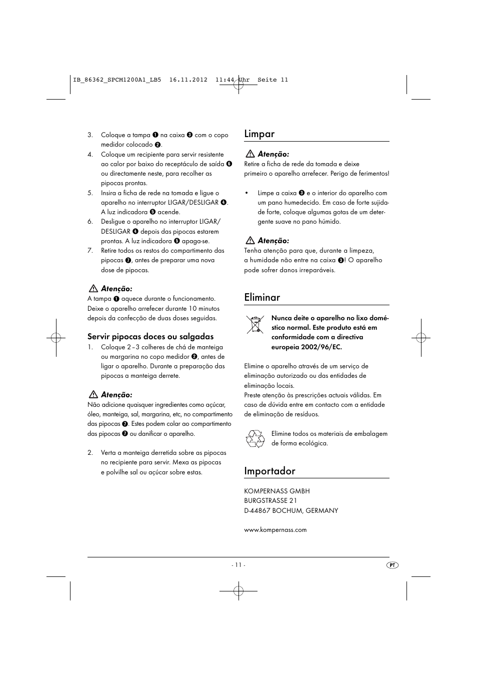 Limpar, Eliminar, Importador | Atenção, Servir pipocas doces ou salgadas | Silvercrest SPCM 1200 A1 User Manual | Page 14 / 24