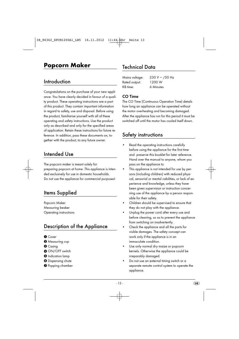 Popcorn maker, Introduction, Intended use | Items supplied, Description of the appliance, Technical data, Safety instructions, Co time | Silvercrest SPCM 1200 A1 User Manual | Page 16 / 24