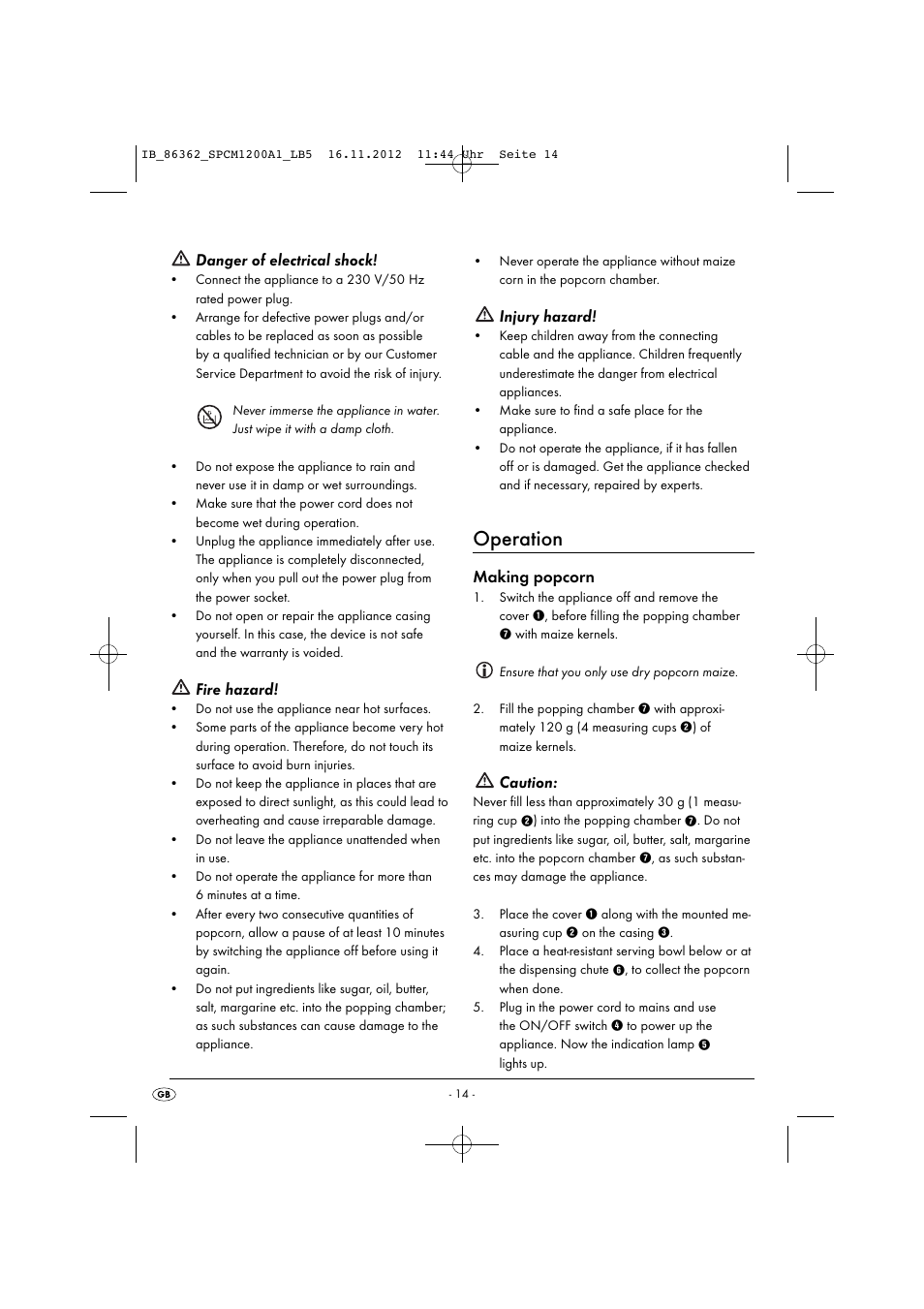 Operation, Danger of electrical shock, Fire hazard | Injury hazard, Making popcorn, Caution | Silvercrest SPCM 1200 A1 User Manual | Page 17 / 24