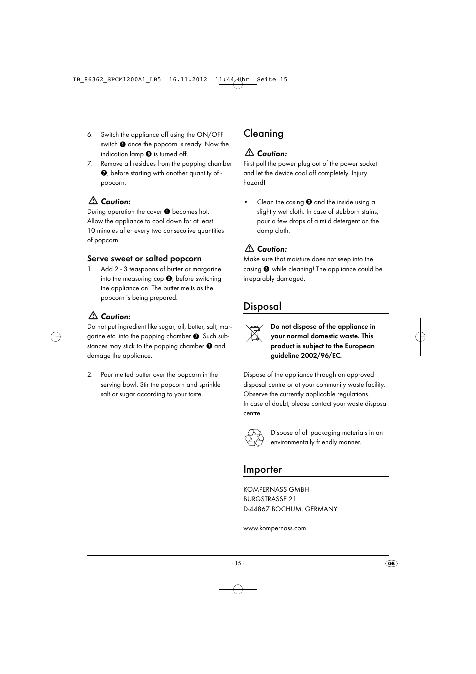 Cleaning, Disposal, Importer | Caution, Serve sweet or salted popcorn | Silvercrest SPCM 1200 A1 User Manual | Page 18 / 24