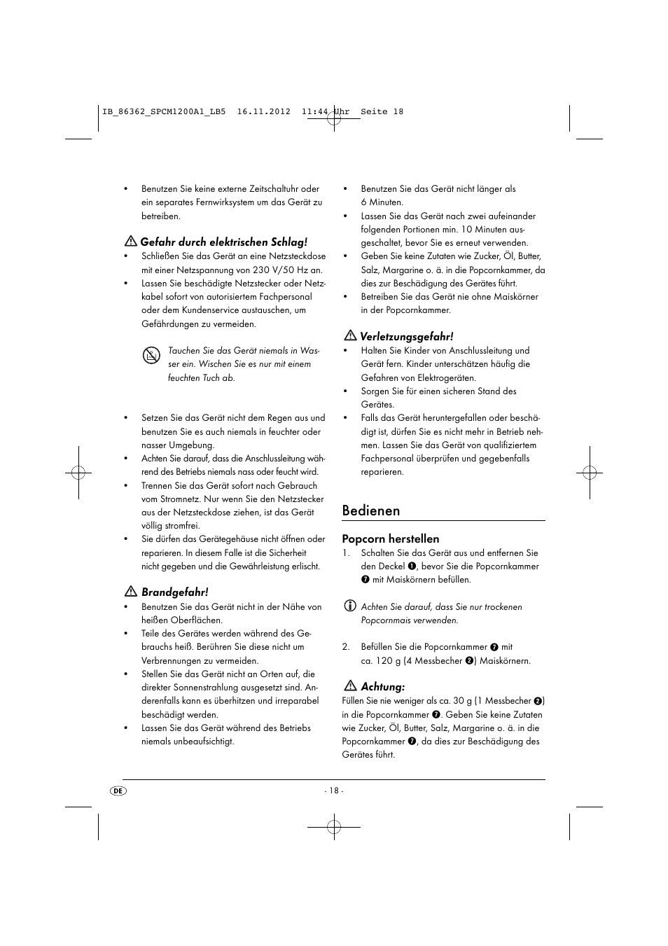 Bedienen, Gefahr durch elektrischen schlag, Brandgefahr | Verletzungsgefahr, Popcorn herstellen, Achtung | Silvercrest SPCM 1200 A1 User Manual | Page 21 / 24