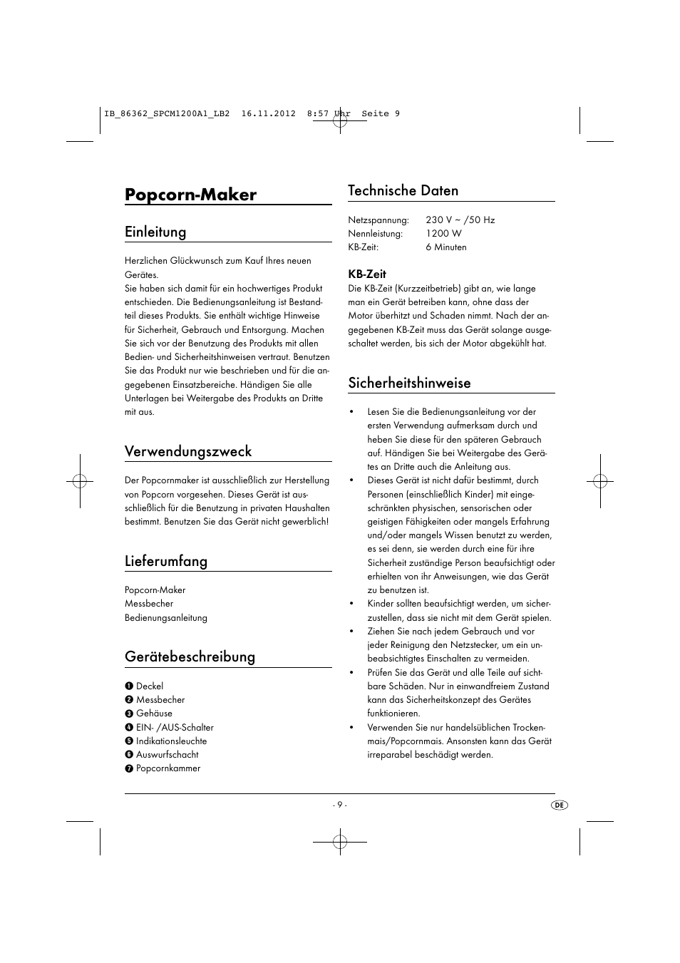 Popcorn-maker, Einleitung, Verwendungszweck | Lieferumfang, Gerätebeschreibung, Technische daten, Sicherheitshinweise, Kb-zeit | Silvercrest SPCM 1200 A1 User Manual | Page 12 / 20