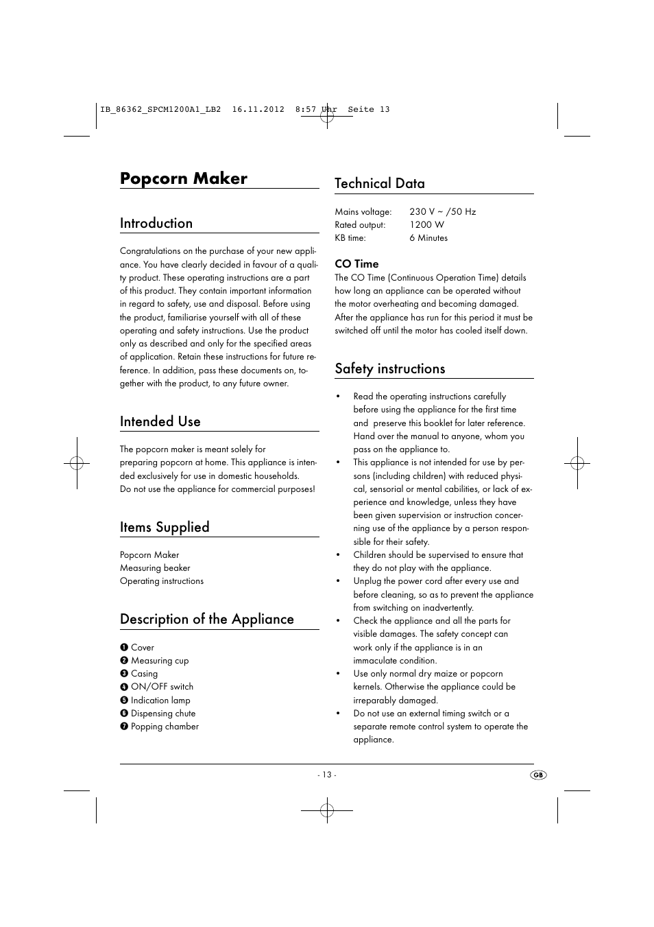 Popcorn maker, Technical data, Safety instructions | Introduction, Intended use, Items supplied, Description of the appliance, Co time | Silvercrest SPCM 1200 A1 User Manual | Page 16 / 20