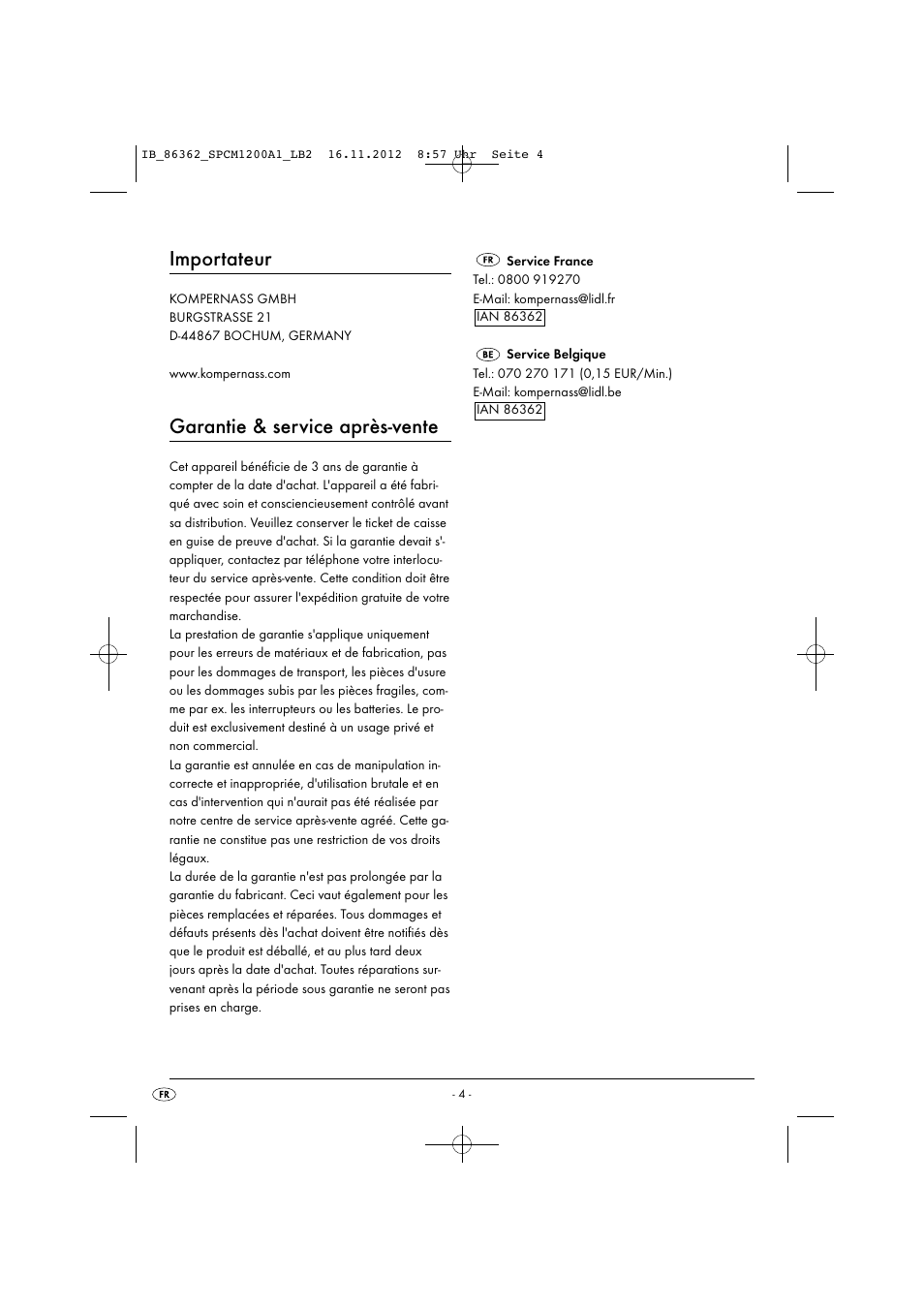 Importateur, Garantie & service après-vente | Silvercrest SPCM 1200 A1 User Manual | Page 7 / 20