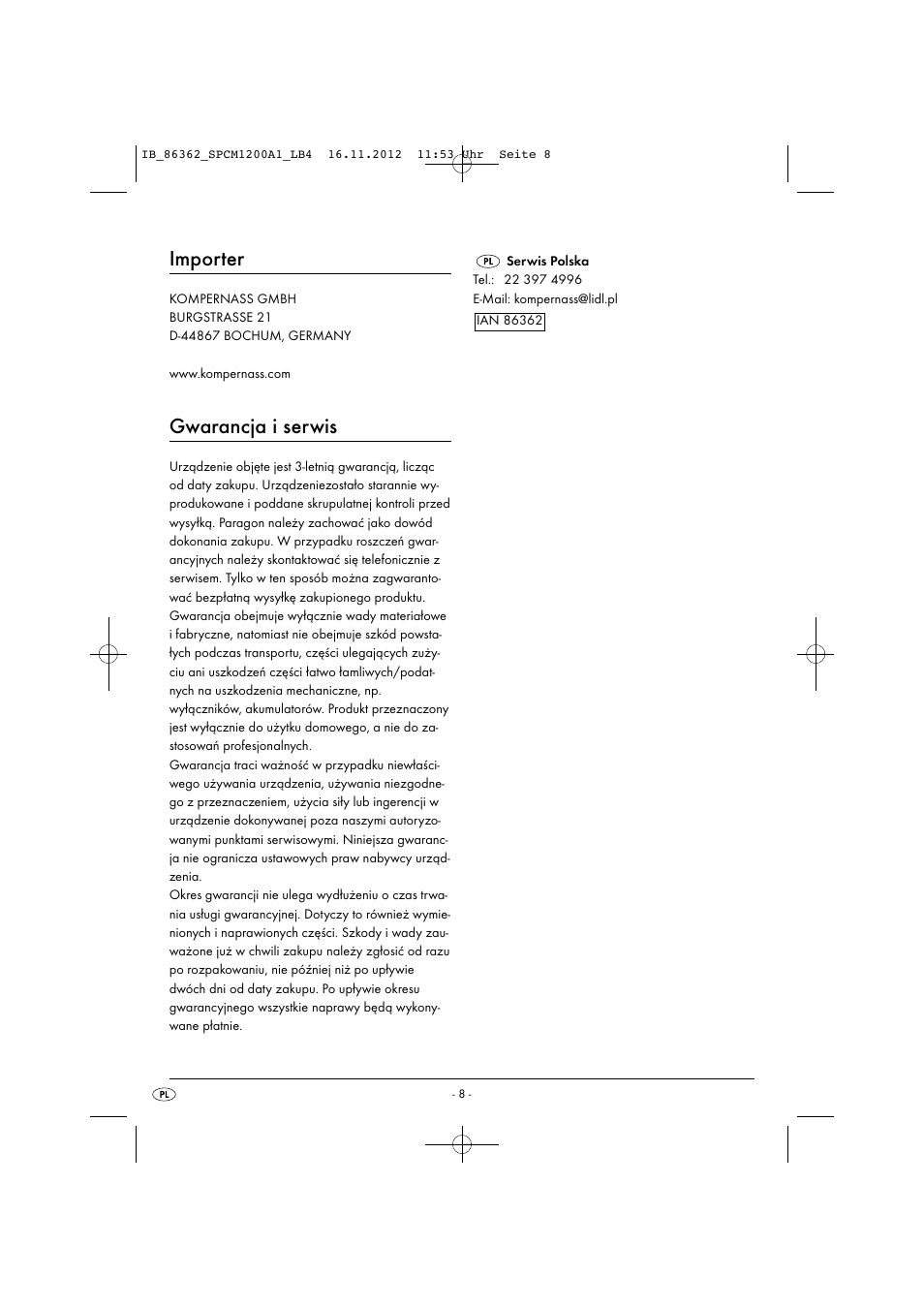 Importer, Gwarancja i serwis | Silvercrest SPCM 1200 A1 User Manual | Page 11 / 24