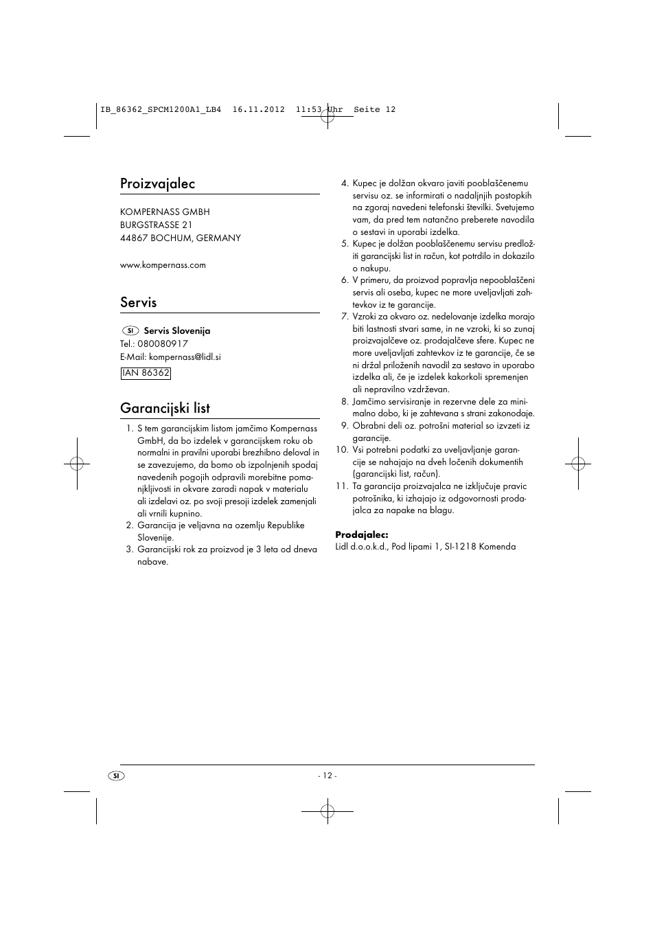 Proizvajalec, Servis, Garancijski list | Silvercrest SPCM 1200 A1 User Manual | Page 15 / 24