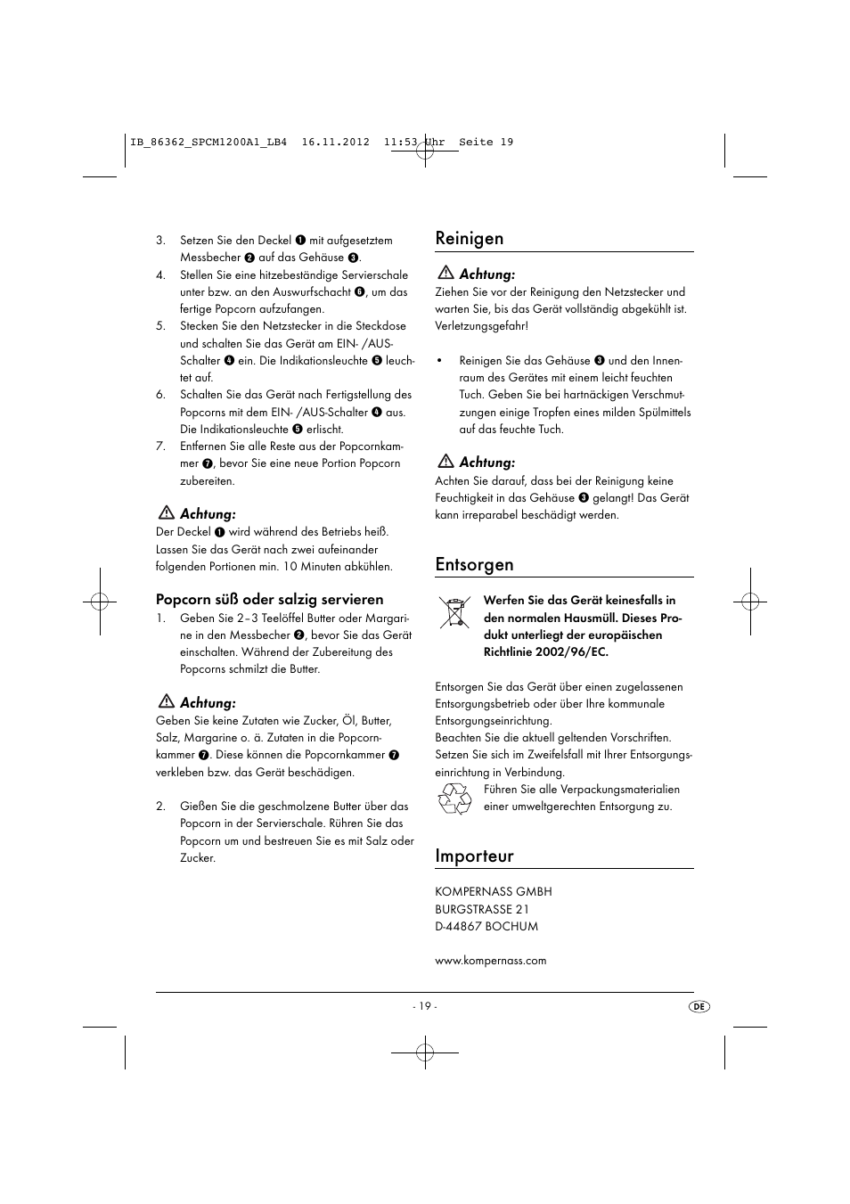 Reinigen, Entsorgen, Importeur | Achtung, Popcorn süß oder salzig servieren | Silvercrest SPCM 1200 A1 User Manual | Page 22 / 24