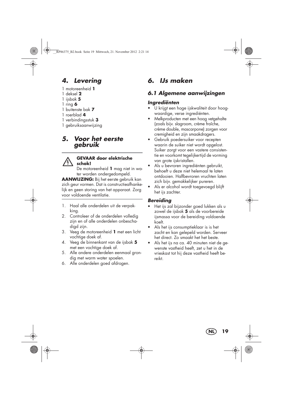 Levering, Voor het eerste gebruik, Ijs maken | Silvercrest SECM 12 A1 User Manual | Page 21 / 54