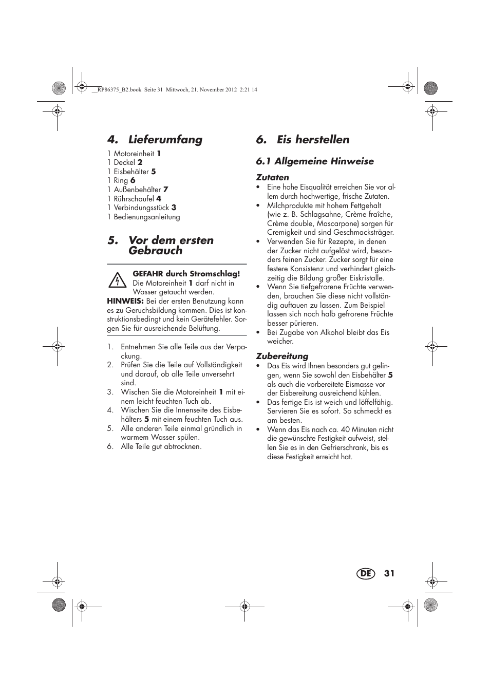 Lieferumfang, Vor dem ersten gebrauch, Eis herstellen | Silvercrest SECM 12 A1 User Manual | Page 33 / 54