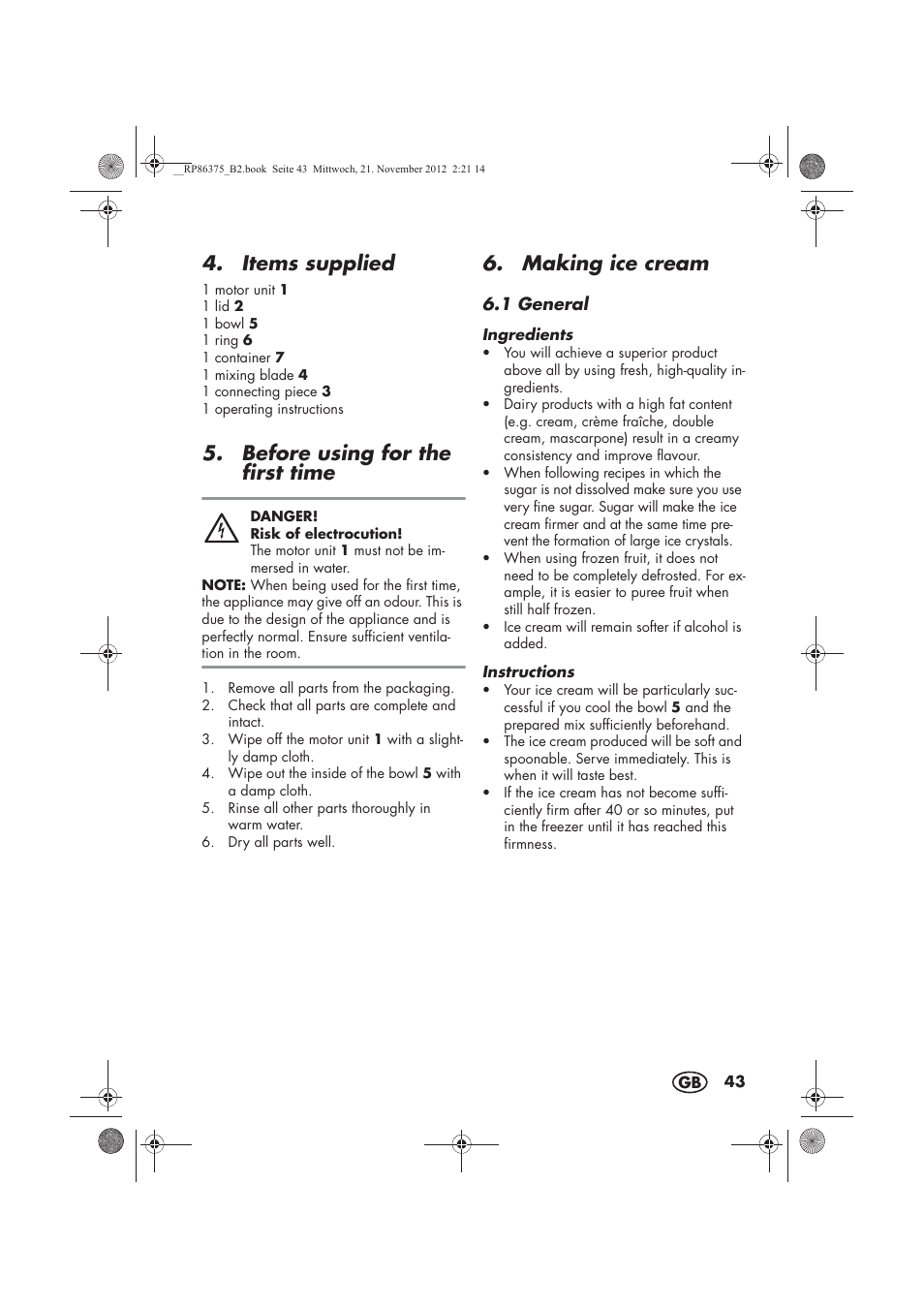 Items supplied, Before using for the first time, Making ice cream | Silvercrest SECM 12 A1 User Manual | Page 45 / 54