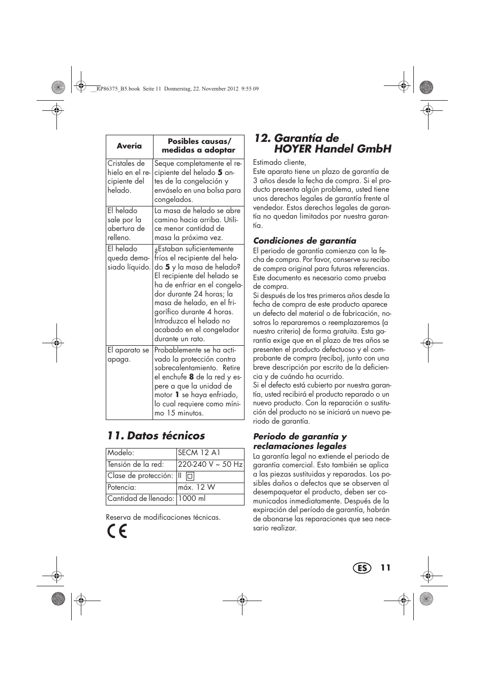 Datos técnicos, Garantía de hoyer handel gmbh | Silvercrest SECM 12 A1 User Manual | Page 13 / 66