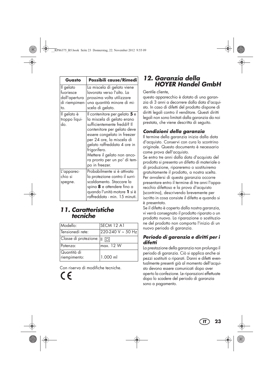 Caratteristiche tecniche, Garanzia della hoyer handel gmbh | Silvercrest SECM 12 A1 User Manual | Page 25 / 66