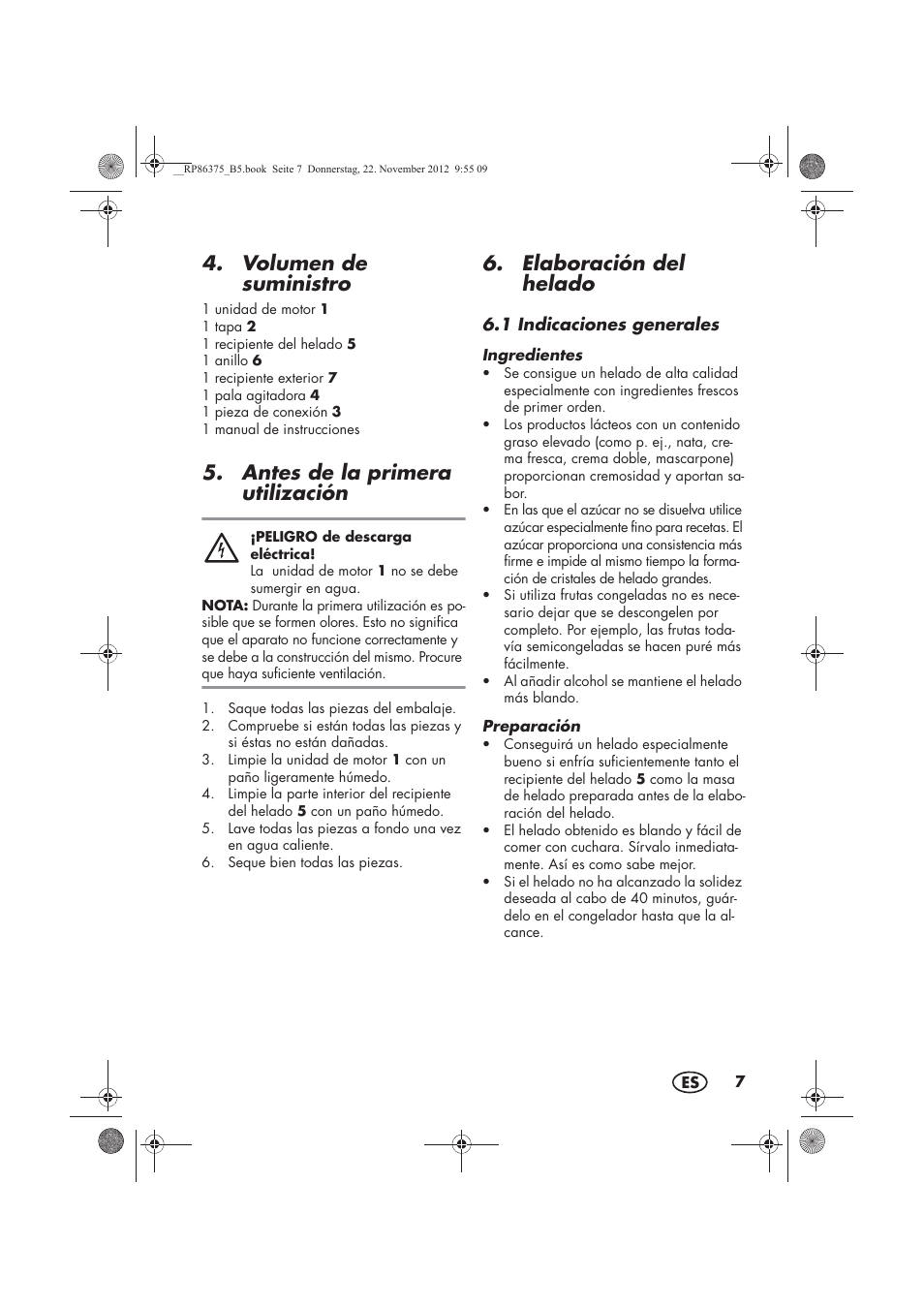Volumen de suministro, Antes de la primera utilización, Elaboración del helado | Silvercrest SECM 12 A1 User Manual | Page 9 / 66