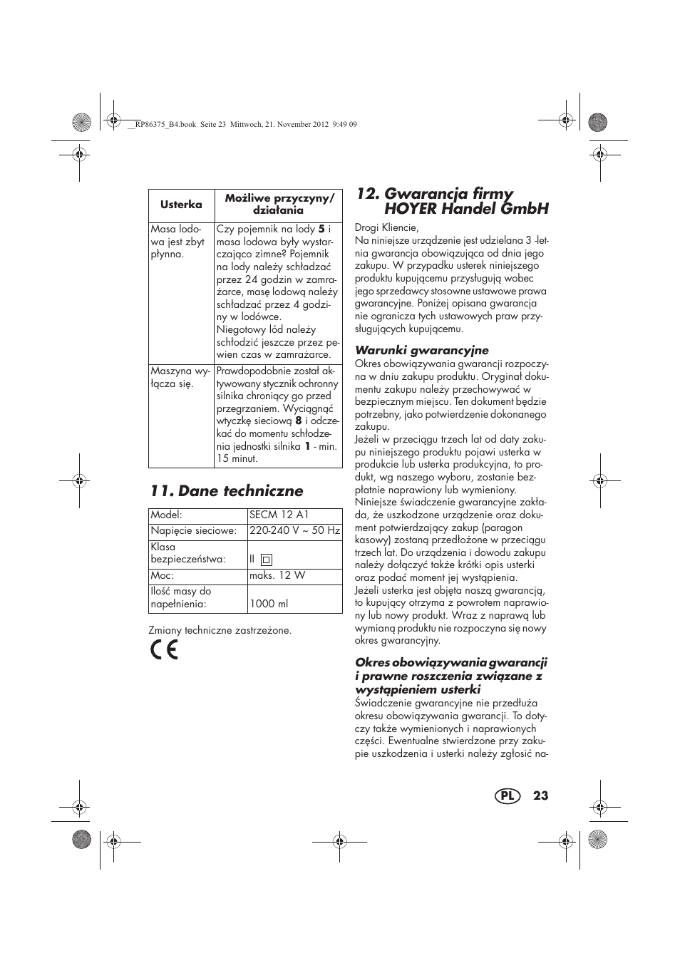 Dane techniczne, Gwarancja firmy hoyer handel gmbh | Silvercrest SECM 12 A1 User Manual | Page 25 / 86