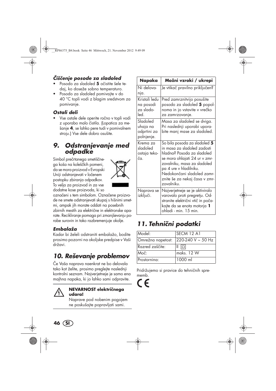 Odstranjevanje med odpadke, Reševanje problemov, Tehnini podatki | Silvercrest SECM 12 A1 User Manual | Page 48 / 86