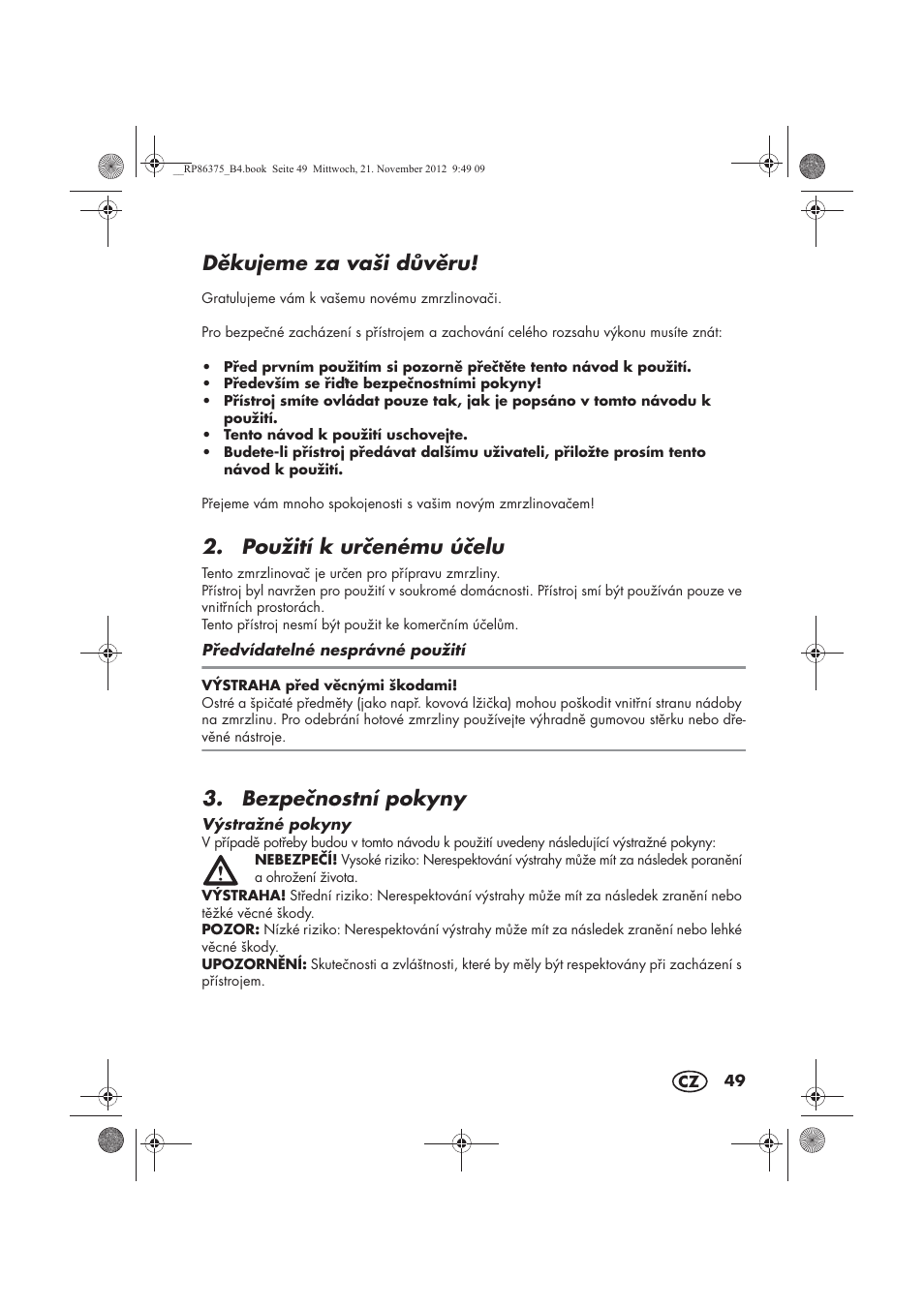 Dkujeme za vaši dvru, Použití k urenému úelu, Bezpenostní pokyny | Silvercrest SECM 12 A1 User Manual | Page 51 / 86