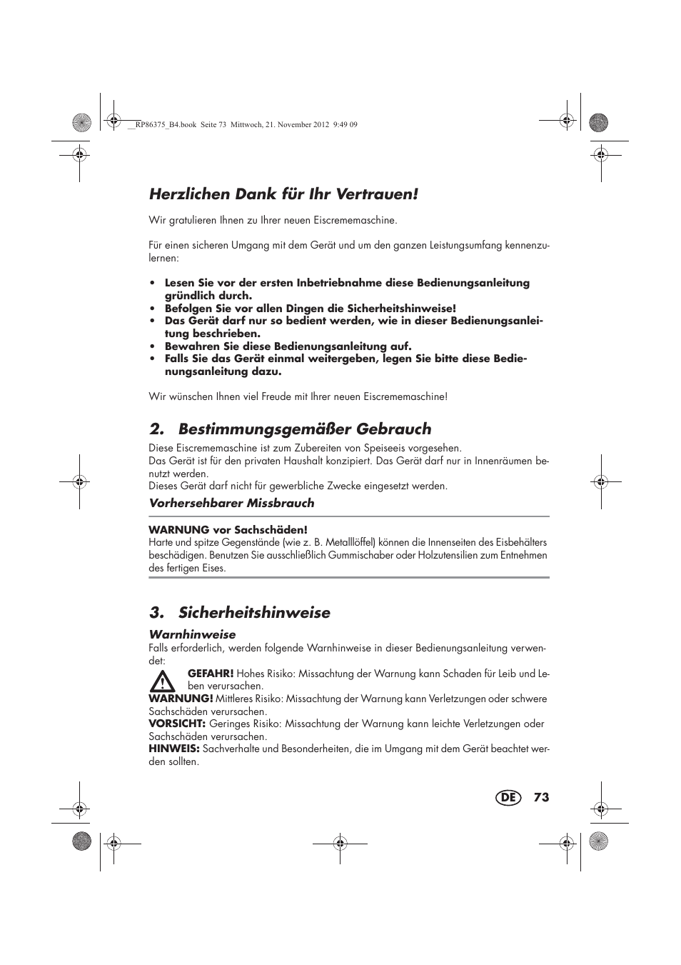 Herzlichen dank für ihr vertrauen, Bestimmungsgemäßer gebrauch, Sicherheitshinweise | Silvercrest SECM 12 A1 User Manual | Page 75 / 86