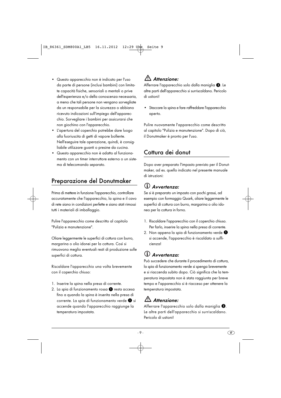 Preparazione del donutmaker, Cottura dei donut, Attenzione | Avvertenza | Silvercrest SDM 800 A1 User Manual | Page 12 / 34